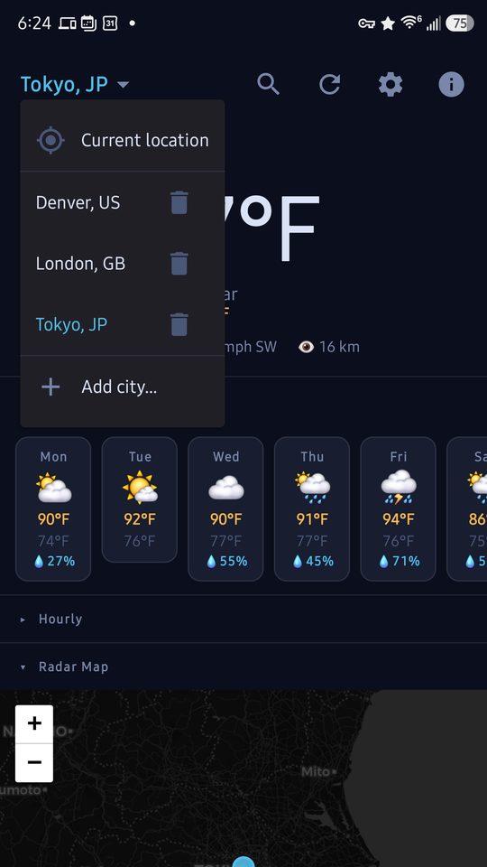 City switcher listing saved cities