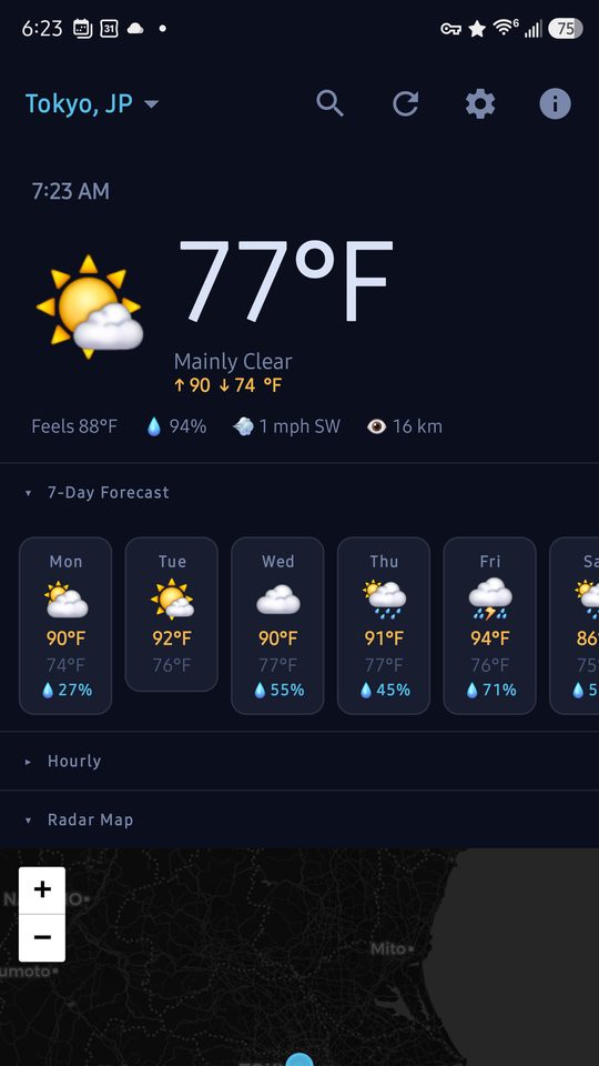 Current conditions for Tokyo showing 77 degrees and the local time