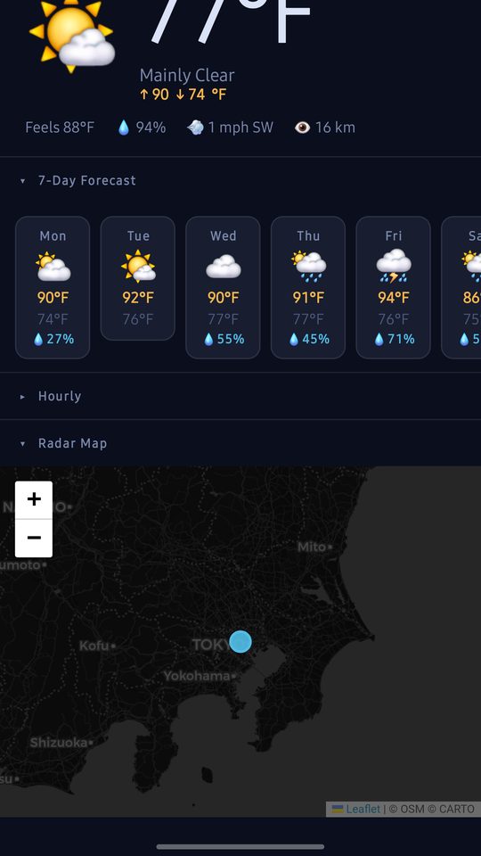 Live precipitation radar over the selected city