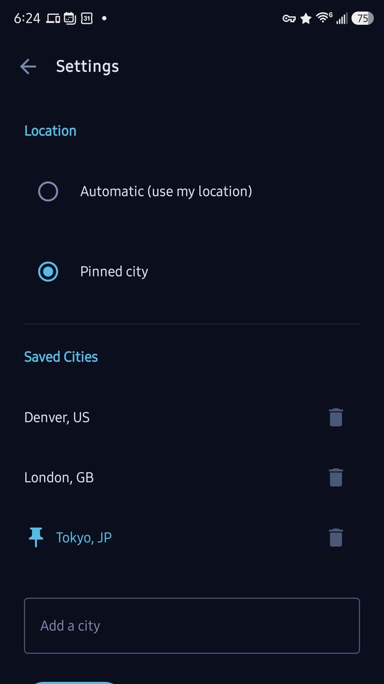 Settings screen with location, units and time format